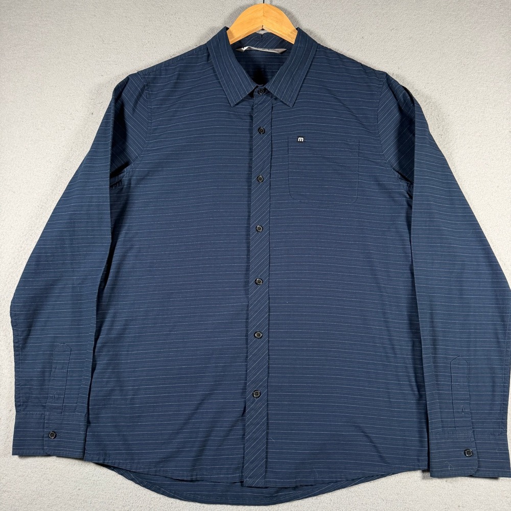 Travis Mathew Mens Navy Blue Micro Stripe Long Sleeve Button Down Shirt Large